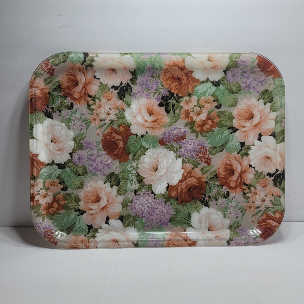 Ami Vintage Floral Fiberglass Serving Tray Roses Lilac Peach 17.5 inch 60s 70s